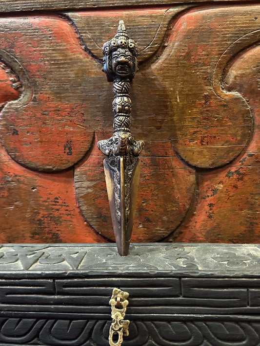 Antique Phurba with the wooden box stand, Varjra,Kila,Phurba or Dagger Buddhist, Tantric, shaman, Spiritual Protection.