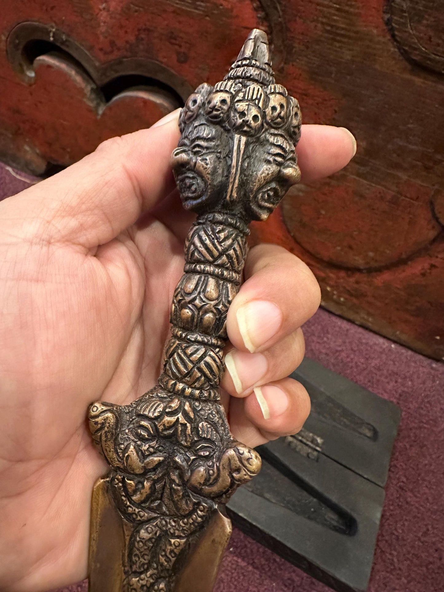 Antique Phurba with the wooden box stand, Varjra,Kila,Phurba or Dagger Buddhist, Tantric, shaman, Spiritual Protection.