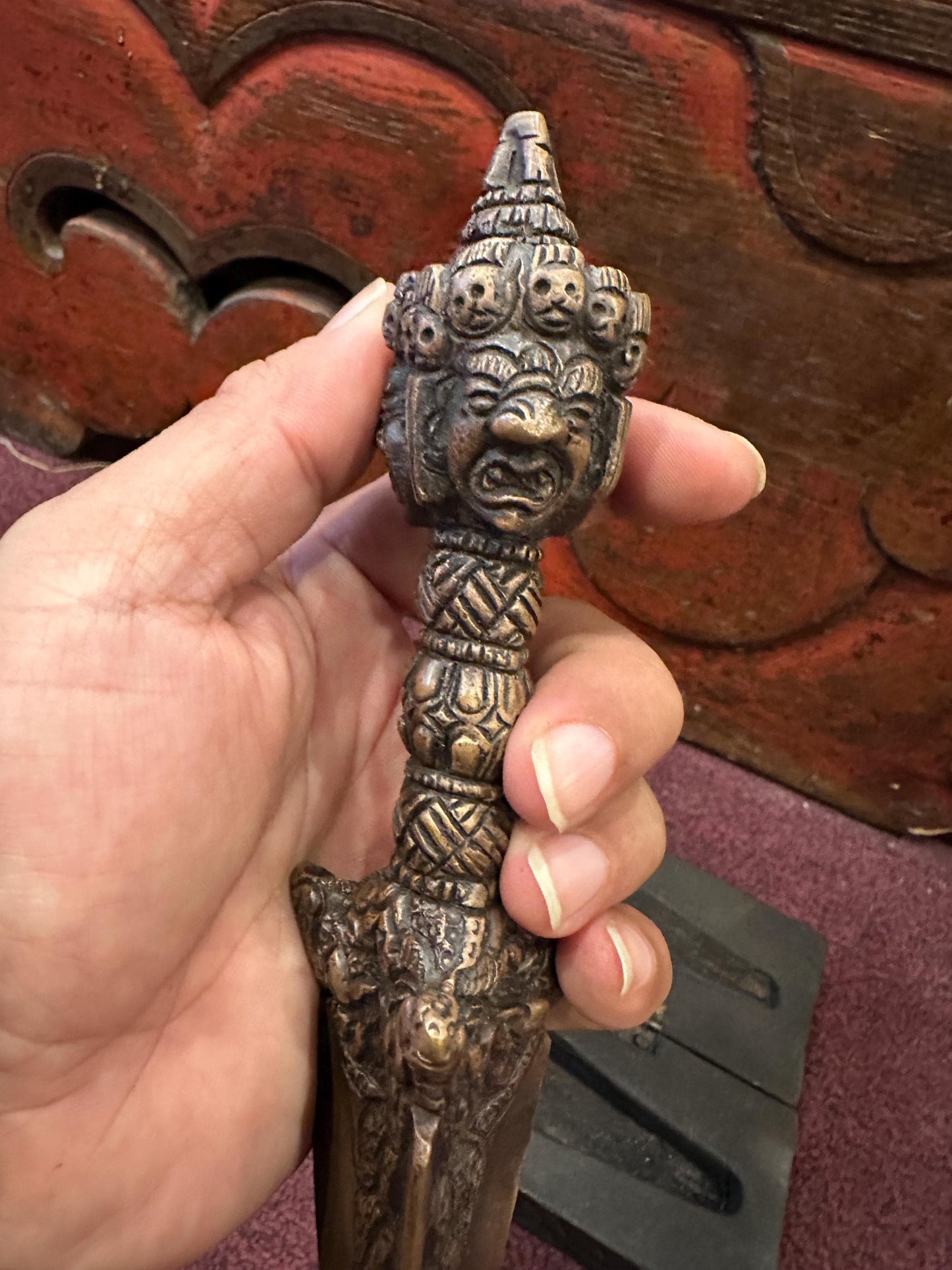 Antique Phurba with the wooden box stand, Varjra,Kila,Phurba or Dagger Buddhist, Tantric, shaman, Spiritual Protection.